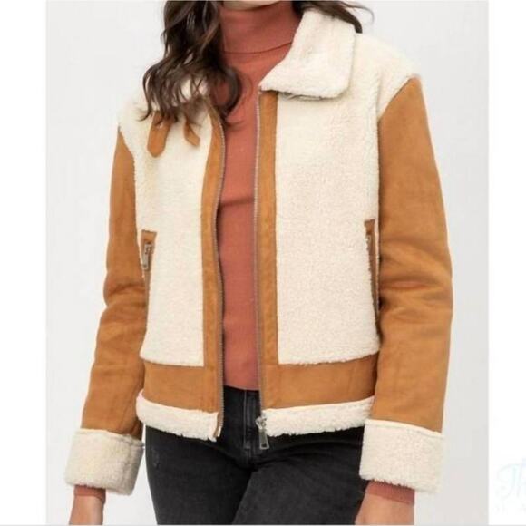 Love Tree Tan Faux Suede Sherpa Moto Jacket Aviator Biker Coat Camel Brown Large - Picture 2 of 11